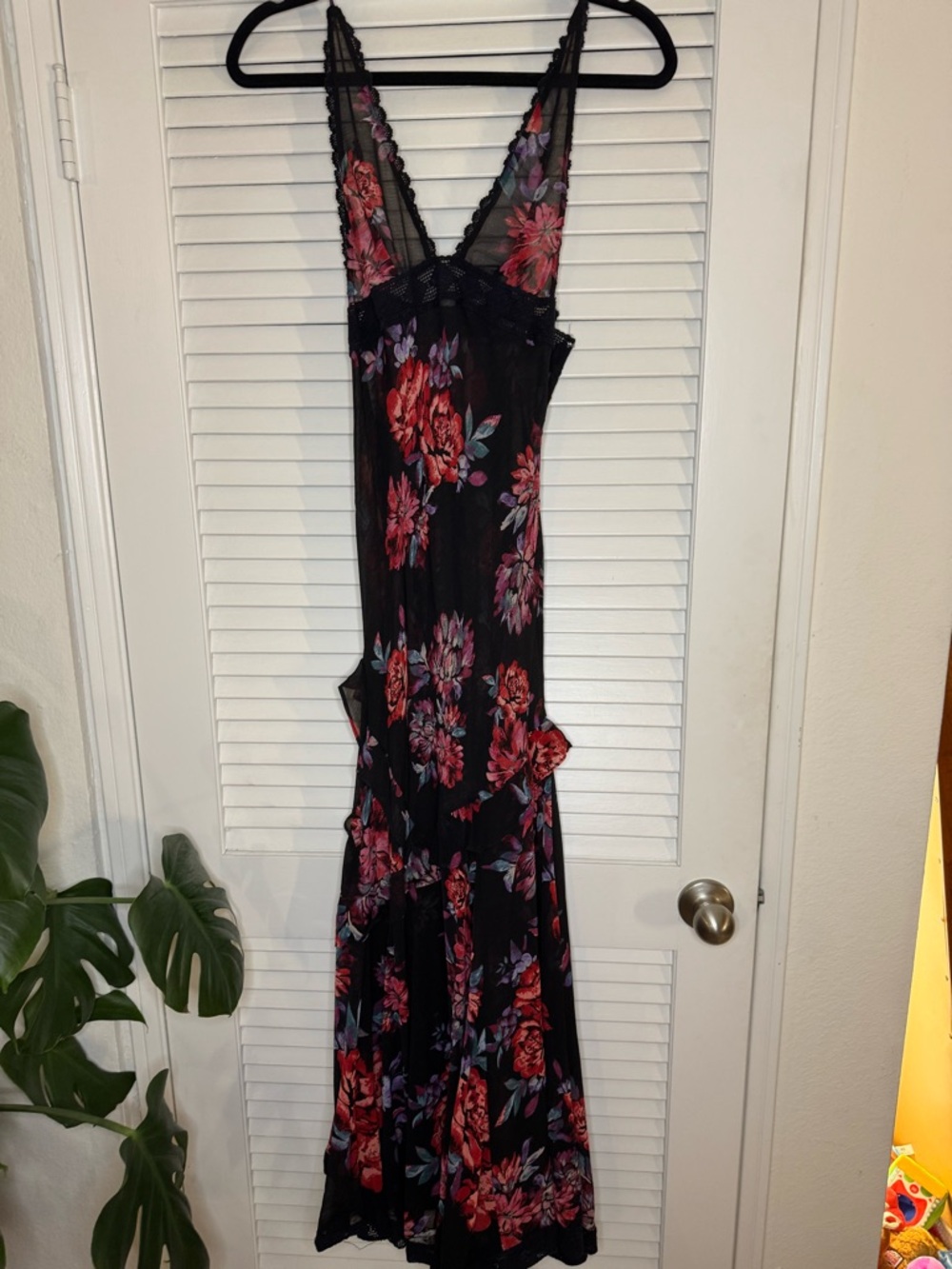 Free People Black Maxi Slip Dress with Red and Pink Floral Print